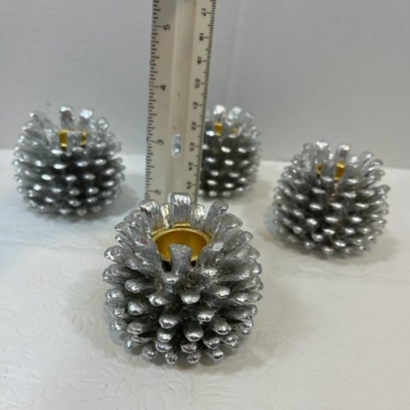 4 Silvertone Metallic Pine Cone Candle Holders Holiday Christmas Decoration - Picture 5 of 6